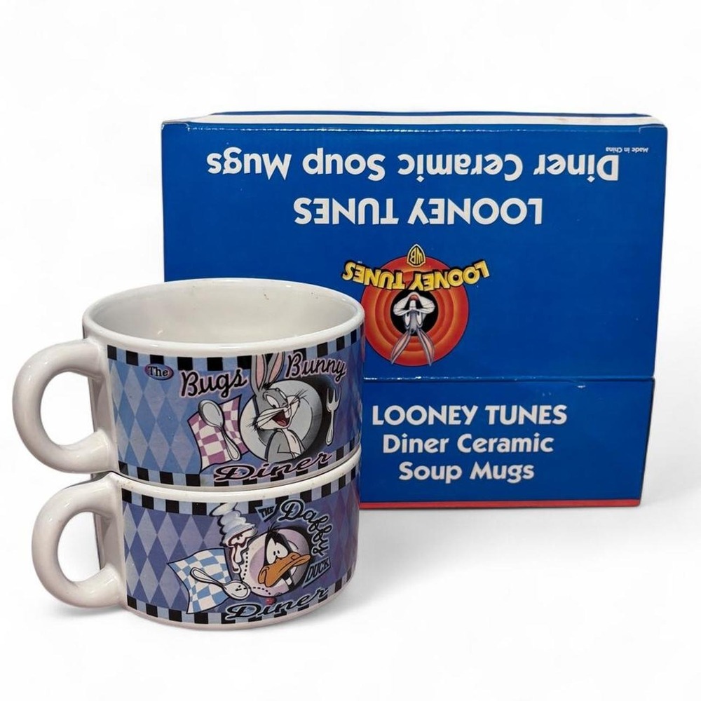 Vintage Looney Tunes Diner Ceramic Soup Mugs Bugs Bunny Daffy Duck Set of 2 NIB